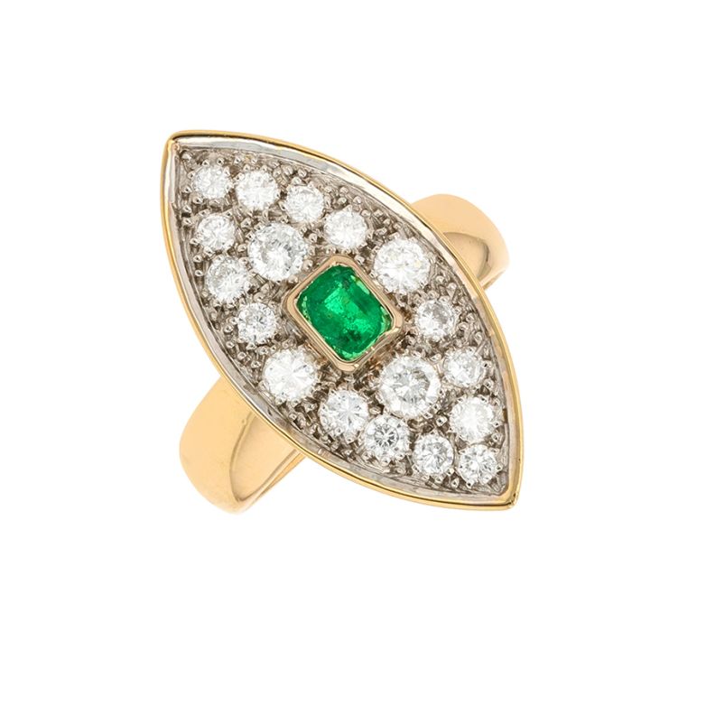 Bague marquise émeraude 0.35 carat et diamants 0.93 carat 2 ors 9.57g Comme neuf -  reconditionné disponible sur Gemme Les Bijoux